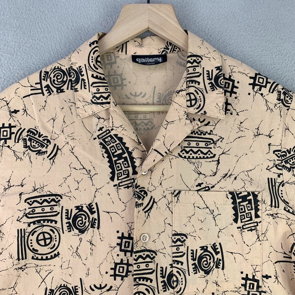 Vintage Gallery Tribal Aztec Camp Shirt Mens Small Tan Batik‎ Print Loop Collar